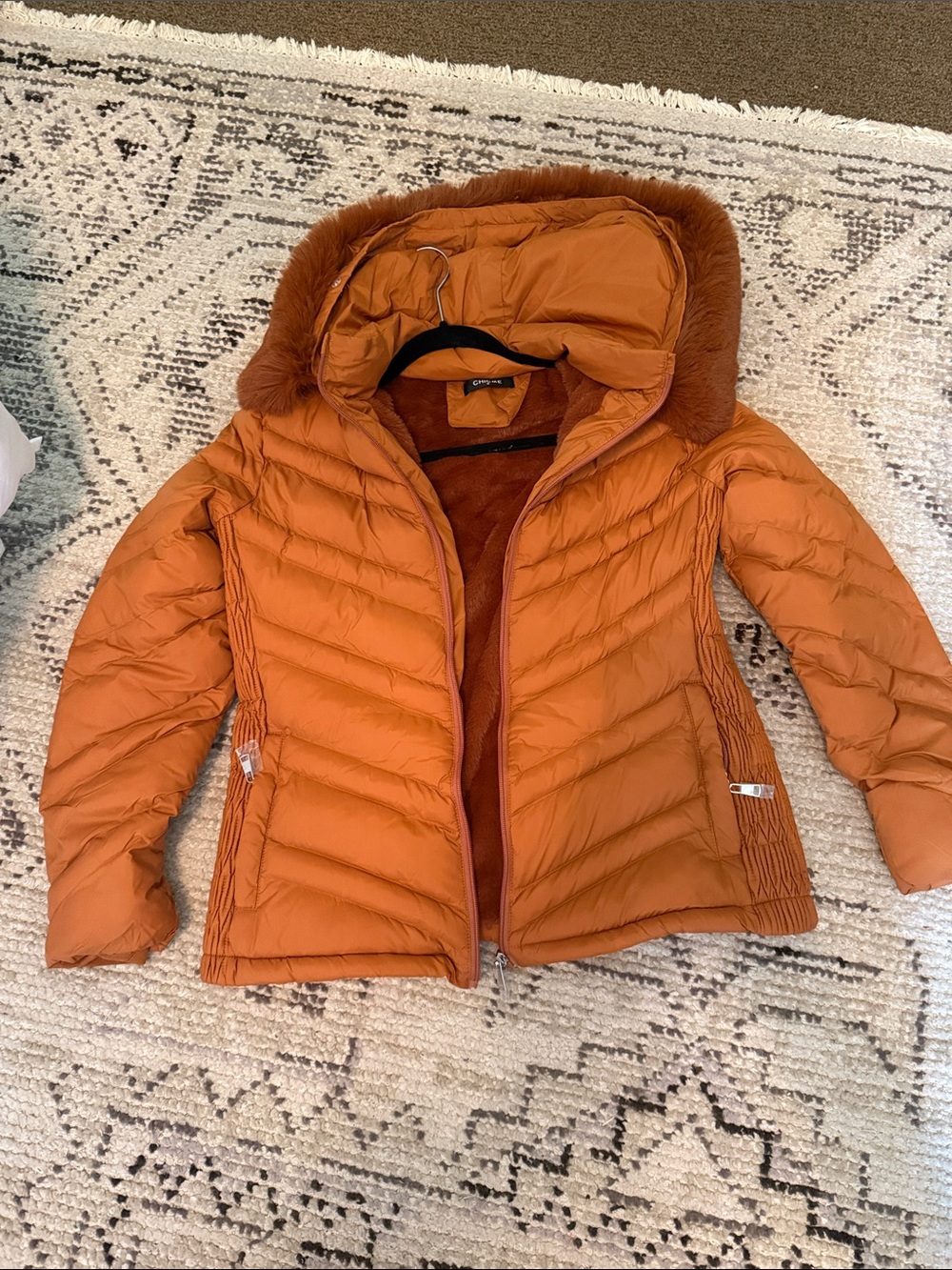 NWT Women's Rust Orange Quilted Puffer Jacket with Faux Fur Hood